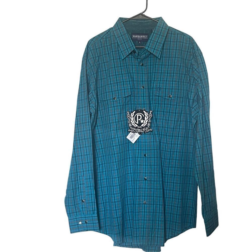 Panhandle Mens Teal Plaid Cotton Long Sleeve Western Shirt Size XL NWT